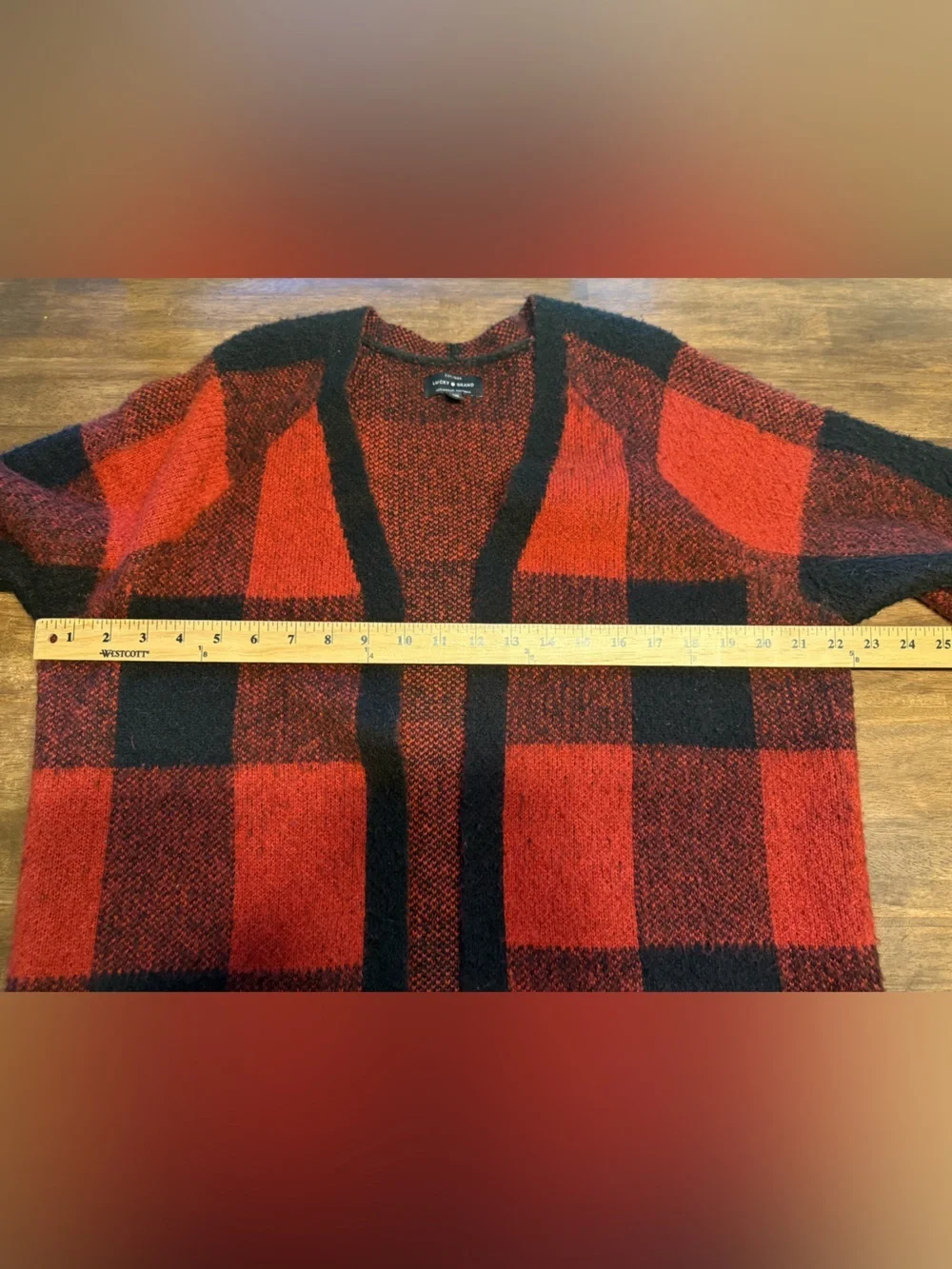 Lucky Brand Woman’s Black Red Buffalo Plaid Cardigan Sweater SZ M Long Pockets - Picture 9 of 10